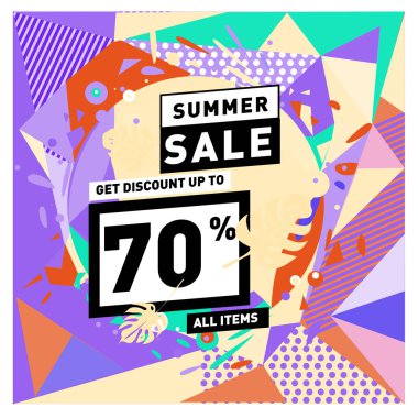 Yaz satış memphis tarzı web afiş. Moda ve seyahat poster indirim. Vektör tatil soyut renkli resimde kampanya ve promosyon.