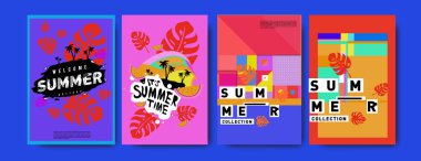 Yaz renkli poster tasarım şablonu. Yaz satış arka plan ve örnek kümesi. Yaz olay poster ve başlık sayfası için minimalist tasarım stil 