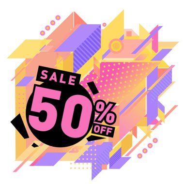 Yaz satış memphis tarzı web afiş. Moda ve seyahat poster indirim. Vektör tatil soyut renkli resimde kampanya ve promosyon.