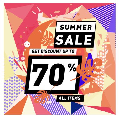 Yaz satış memphis tarzı web afiş. Moda ve seyahat poster indirim. Vektör tatil soyut renkli resimde kampanya ve promosyon.