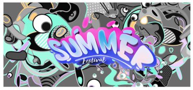 Yaz afiş renkli doodle arka plan ile. Olay ve satış promosyon posteri için tasarım şablonu.