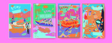 Yaz illüstrasyon poster, kapak ve reklam için kümesi. Retro ve vintage yaz tasarlamak. Yaz tatil arka plan şablonu 