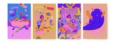 Yaz illüstrasyon poster, kapak ve reklam için kümesi. Retro ve vintage yaz tasarlamak. Yaz tatil arka plan şablonu 