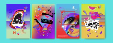 Renkli yaz poster ayarlayın. Tropikal yaz tasarım şablonu ve kapak. Yaz resimde unsurlar ve arka plan 