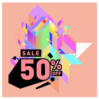 Yaz satış memphis tarzı web afiş. Moda ve seyahat poster indirim. Vektör tatil soyut renkli resimde kampanya ve promosyon.