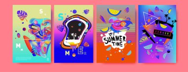 Renkli yaz poster ayarlayın. Tropikal yaz tasarım şablonu ve kapak. Yaz resimde unsurlar ve arka plan 