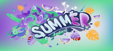 Yaz afiş renkli doodle arka plan ile. Olay ve satış promosyon posteri için tasarım şablonu.