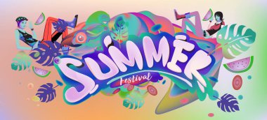 Yaz afiş renkli doodle arka plan ile. Olay ve satış promosyon posteri için tasarım şablonu.