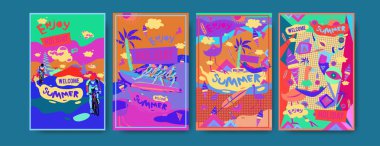 Yaz illüstrasyon poster, kapak ve reklam için kümesi. Retro ve vintage yaz tasarlamak. Yaz tatil arka plan şablonu 