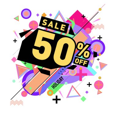 Yaz satış memphis tarzı web afiş. Moda ve seyahat poster indirim. Vektör tatil soyut renkli resimde kampanya ve promosyon.
