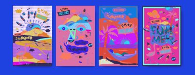 Yaz illüstrasyon poster, kapak ve reklam için kümesi. Retro ve vintage yaz tasarlamak. Yaz tatil arka plan şablonu 