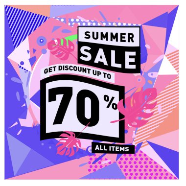 Yaz satış memphis tarzı web afiş. Moda ve seyahat poster indirim. Vektör tatil soyut renkli resimde kampanya ve promosyon.