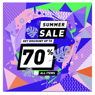 Yaz satış memphis tarzı web afiş. Moda ve seyahat poster indirim. Vektör tatil soyut renkli resimde kampanya ve promosyon.