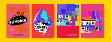 Yaz renkli poster tasarım şablonu. Yaz satış arka plan ve örnek kümesi. Yaz olay poster ve başlık sayfası için minimalist tasarım stil 