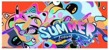 Yaz afiş renkli doodle arka plan ile. Olay ve satış promosyon posteri için tasarım şablonu.