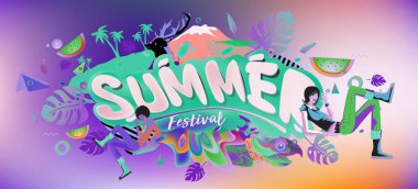 Yaz afiş renkli doodle arka plan ile. Olay ve satış promosyon posteri için tasarım şablonu.