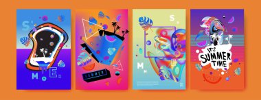 Renkli yaz poster ayarlayın. Tropikal yaz tasarım şablonu ve kapak. Yaz resimde unsurlar ve arka plan 