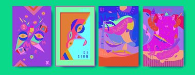 Yaz illüstrasyon poster, kapak ve reklam için kümesi. Retro ve vintage yaz tasarlamak. Yaz tatil arka plan şablonu 