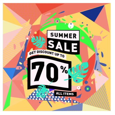 Yaz satış memphis tarzı web afiş. Moda ve seyahat poster indirim. Vektör tatil soyut renkli resimde kampanya ve promosyon.