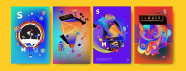 Renkli yaz poster ayarlayın. Tropikal yaz tasarım şablonu ve kapak. Yaz resimde unsurlar ve arka plan 