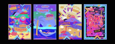 Yaz illüstrasyon poster, kapak ve reklam için kümesi. Retro ve vintage yaz tasarlamak. Yaz tatil arka plan şablonu 