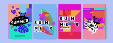 Yaz renkli poster tasarım şablonu. Yaz satış arka plan ve örnek kümesi. Yaz olay poster ve başlık sayfası için minimalist tasarım stil 
