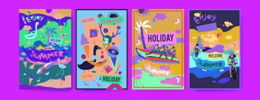 Yaz illüstrasyon poster, kapak ve reklam için kümesi. Retro ve vintage yaz tasarlamak. Yaz tatil arka plan şablonu 