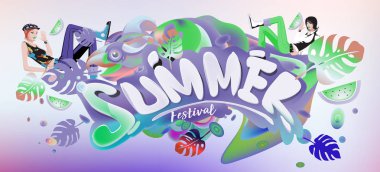 Yaz afiş renkli doodle arka plan ile. Olay ve satış promosyon posteri için tasarım şablonu.