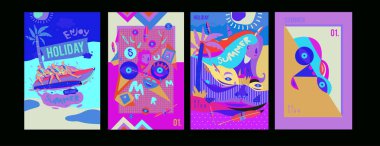 Yaz illüstrasyon poster, kapak ve reklam için kümesi. Retro ve vintage yaz tasarlamak. Yaz tatil arka plan şablonu 