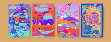 Yaz illüstrasyon poster, kapak ve reklam için kümesi. Retro ve vintage yaz tasarlamak. Yaz tatil arka plan şablonu 