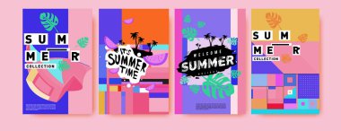 Yaz renkli poster tasarım şablonu. Yaz satış arka plan ve örnek kümesi. Yaz olay poster ve başlık sayfası için minimalist tasarım stil 