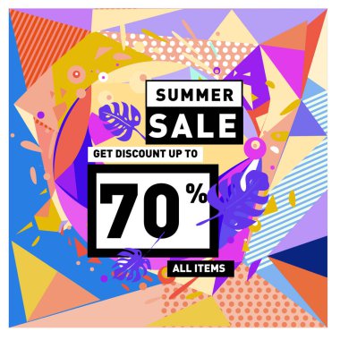 Yaz satış memphis tarzı web afiş. Moda ve seyahat poster indirim. Vektör tatil soyut renkli resimde kampanya ve promosyon.