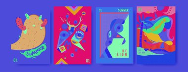 Yaz illüstrasyon poster, kapak ve reklam için kümesi. Retro ve vintage yaz tasarlamak. Yaz tatil arka plan şablonu 