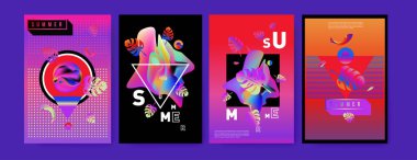 Renkli yaz poster ayarlayın. Tropikal yaz tasarım şablonu ve kapak. Yaz resimde unsurlar ve arka plan 