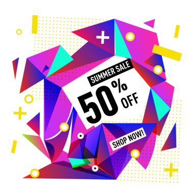 Yaz satış memphis tarzı web afiş. Moda ve seyahat poster indirim. Vektör tatil soyut renkli resimde kampanya ve promosyon.