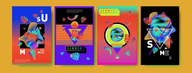 Renkli yaz poster ayarlayın. Tropikal yaz tasarım şablonu ve kapak. Yaz resimde unsurlar ve arka plan 