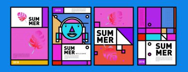 Yaz renkli poster tasarım şablonu. Yaz satış arka plan ve örnek kümesi. Yaz olay poster ve başlık sayfası için minimalist tasarım stil 