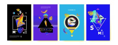 Renkli yaz poster ayarlayın. Tropikal yaz tasarım şablonu ve kapak. Yaz resimde unsurlar ve arka plan 