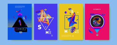 Renkli yaz poster ayarlayın. Tropikal yaz tasarım şablonu ve kapak. Yaz resimde unsurlar ve arka plan 