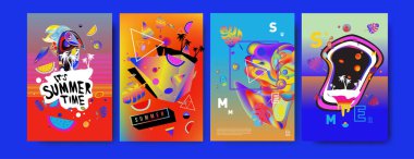Renkli yaz poster ayarlayın. Tropikal yaz tasarım şablonu ve kapak. Yaz resimde unsurlar ve arka plan 
