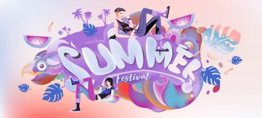 Yaz afiş renkli doodle arka plan ile. Olay ve satış promosyon posteri için tasarım şablonu.