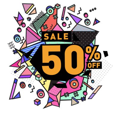 Yaz satış memphis tarzı web afiş. Moda ve seyahat poster indirim. Vektör tatil soyut renkli resimde kampanya ve promosyon.