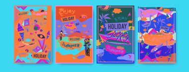 Yaz illüstrasyon poster, kapak ve reklam için kümesi. Retro ve vintage yaz tasarlamak. Yaz tatil arka plan şablonu 