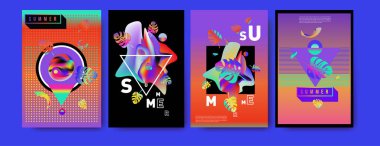 Renkli yaz poster ayarlayın. Tropikal yaz tasarım şablonu ve kapak. Yaz resimde unsurlar ve arka plan 