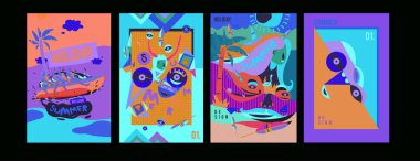 Yaz illüstrasyon poster, kapak ve reklam için kümesi. Retro ve vintage yaz tasarlamak. Yaz tatil arka plan şablonu 