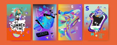 Renkli yaz poster ayarlayın. Tropikal yaz tasarım şablonu ve kapak. Yaz resimde unsurlar ve arka plan 