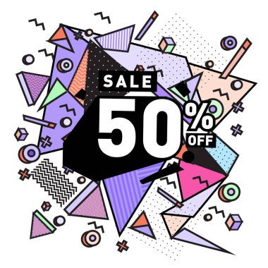 Yaz satış memphis tarzı web afiş. Moda ve seyahat poster indirim. Vektör tatil soyut renkli resimde kampanya ve promosyon.