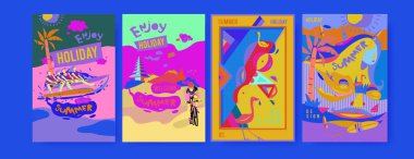 Yaz illüstrasyon poster, kapak ve reklam için kümesi. Retro ve vintage yaz tasarlamak. Yaz tatil arka plan şablonu 