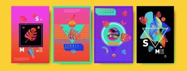 Renkli yaz poster ayarlayın. Tropikal yaz tasarım şablonu ve kapak. Yaz resimde unsurlar ve arka plan 