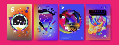 Renkli yaz poster ayarlayın. Tropikal yaz tasarım şablonu ve kapak. Yaz resimde unsurlar ve arka plan 